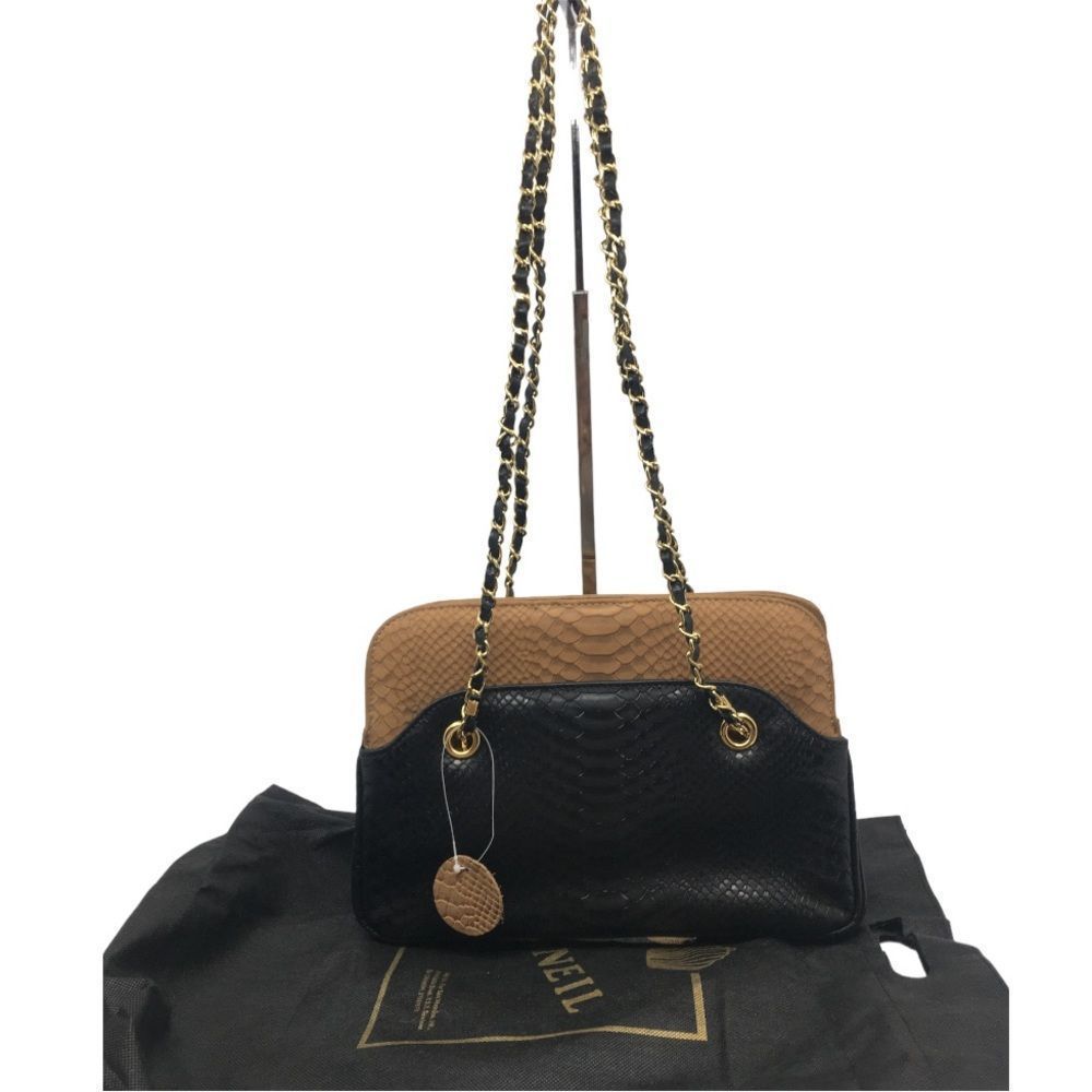 Vintage Ashneil crocodile embossed dark tan & black shoulder bag w/ chain strap